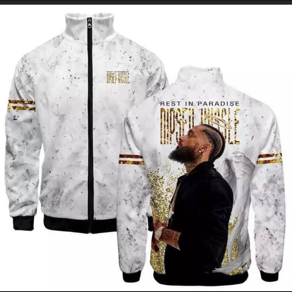 This is a white zip up jacket Nipsey Hussle print available in different sizes